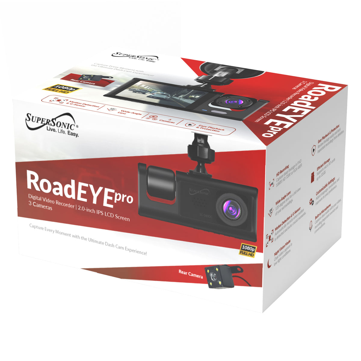 SuperSonic SC-580DC RoadEyePro 1080p 3-Channel Dash Cam with Front, Cabin, and Rear Cameras