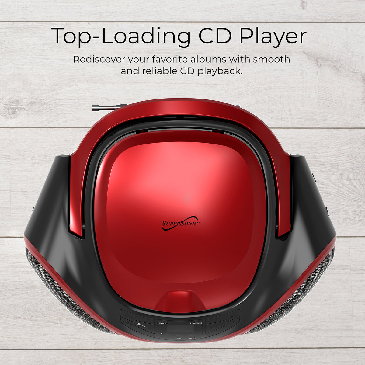 Supersonic SC-726BT Red Portable CD Boombox with Bluetooth, AM/FM Radio and Auxiliary Input