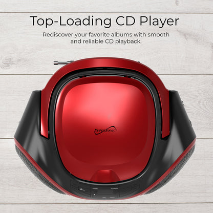 Supersonic SC-726BT Red Portable CD Boombox with Bluetooth, AM/FM Radio and Auxiliary Input