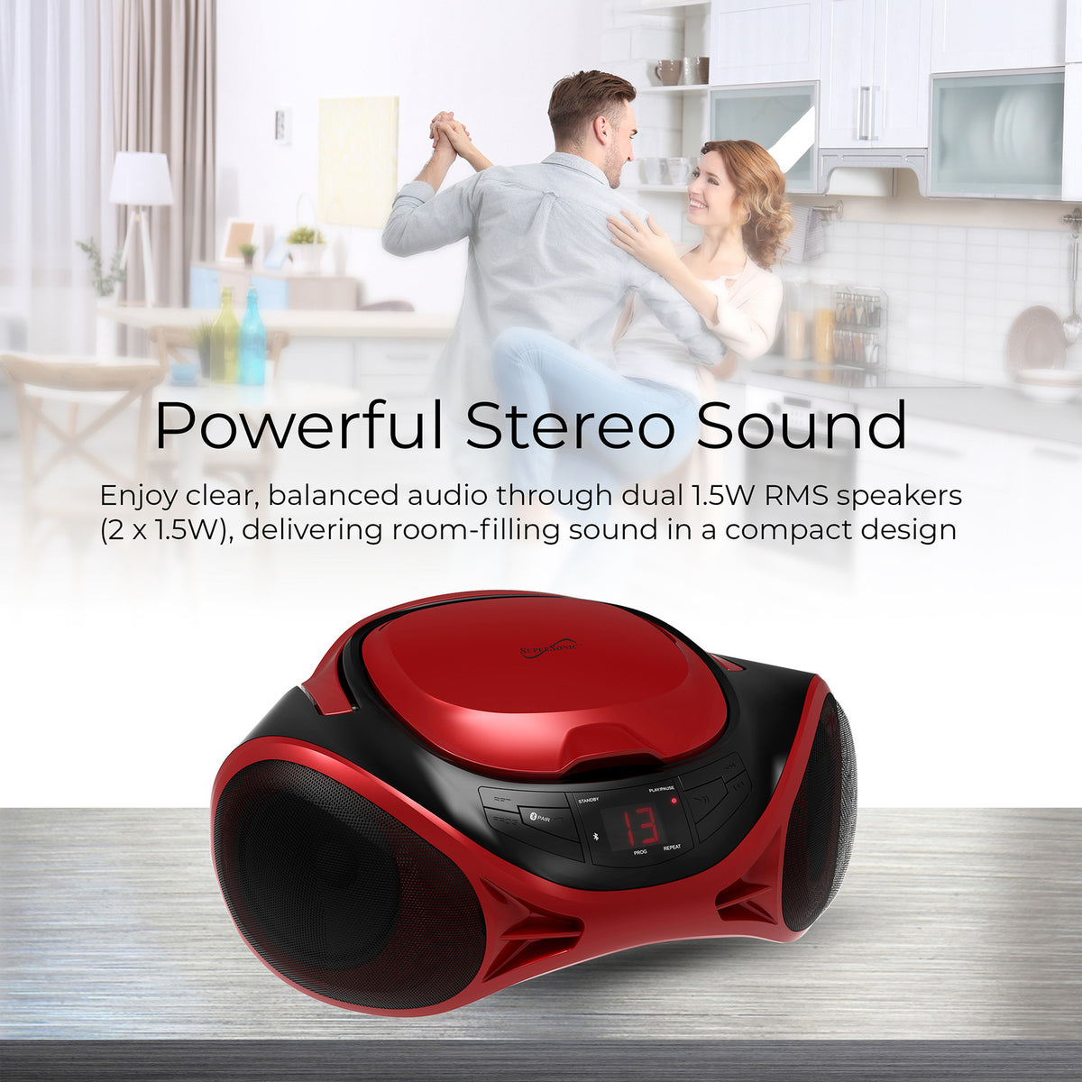 Supersonic SC-726BT Red Portable CD Boombox with Bluetooth, AM/FM Radio and Auxiliary Input