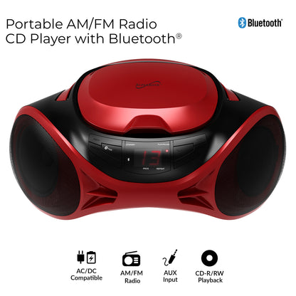 Supersonic SC-726BT Red Portable CD Boombox with Bluetooth, AM/FM Radio and Auxiliary Input