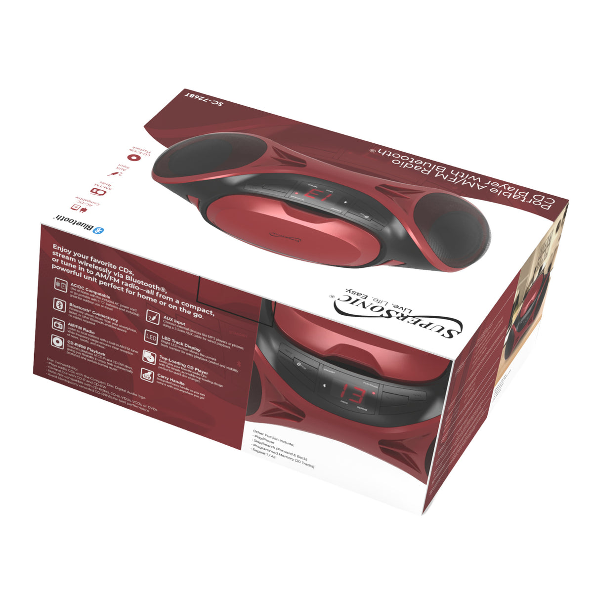 Supersonic SC-726BT Red Portable CD Boombox with Bluetooth, AM/FM Radio and Auxiliary Input