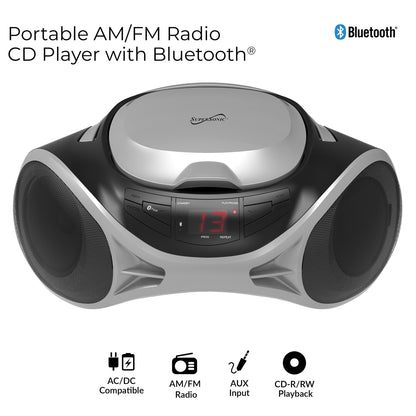 SUPERSONIC SC-726BT SLV Portable CD Boombox with Bluetooth, AM/FM Radio and Auxiliary Input