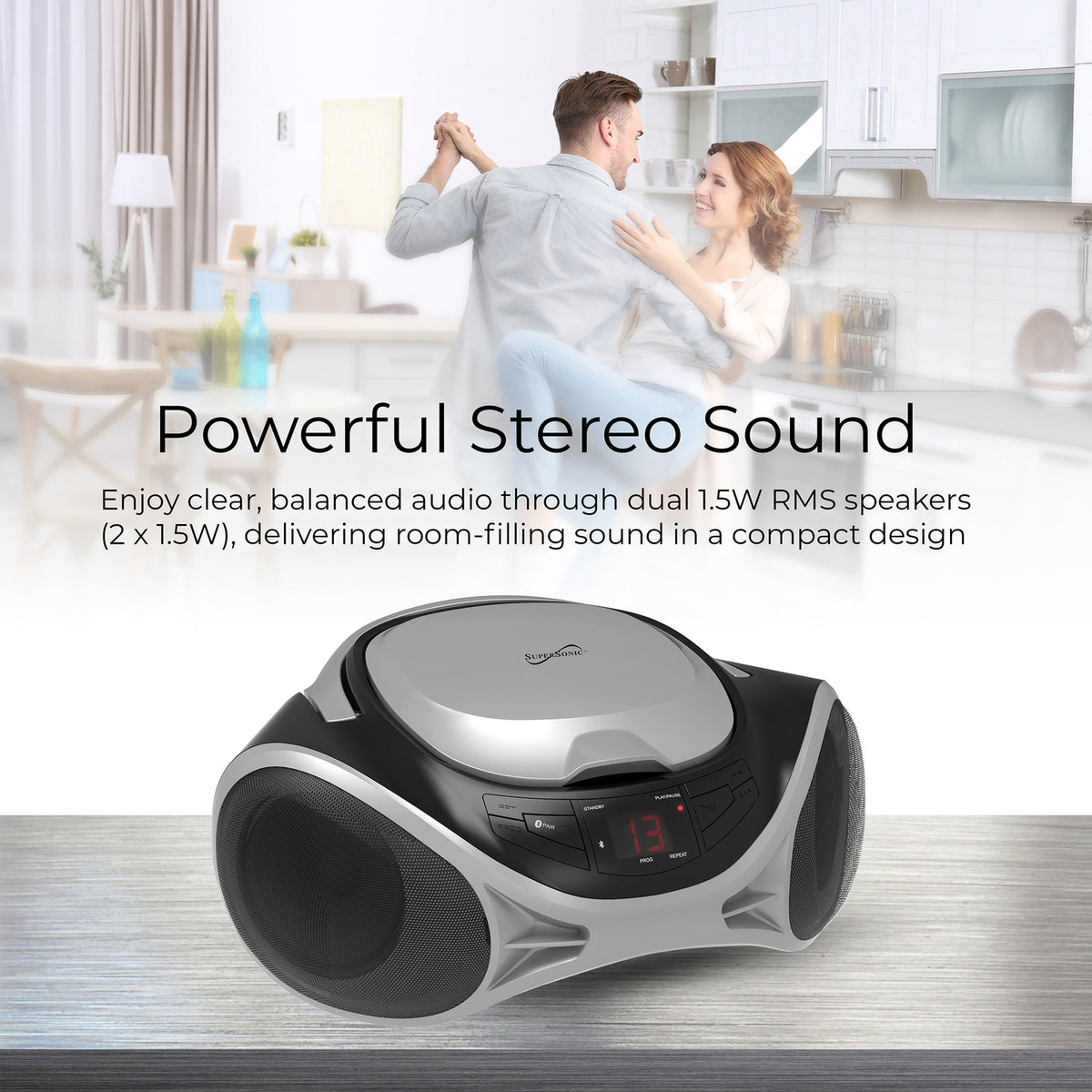 SUPERSONIC SC-726BT SLV Portable CD Boombox with Bluetooth, AM/FM Radio and Auxiliary Input