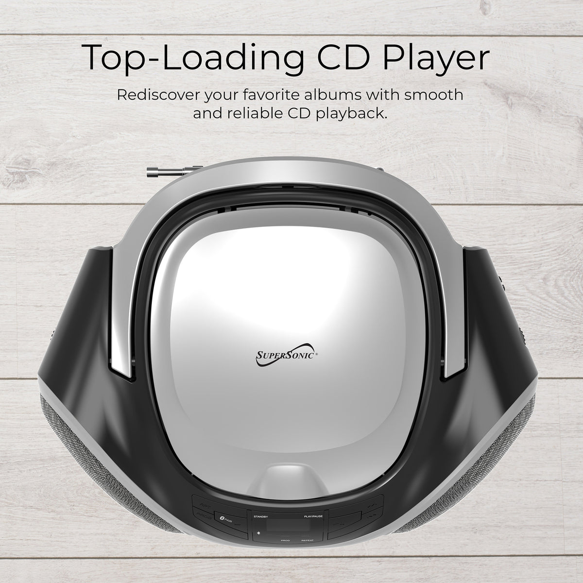 SUPERSONIC SC-726BT SLV Portable CD Boombox with Bluetooth, AM/FM Radio and Auxiliary Input