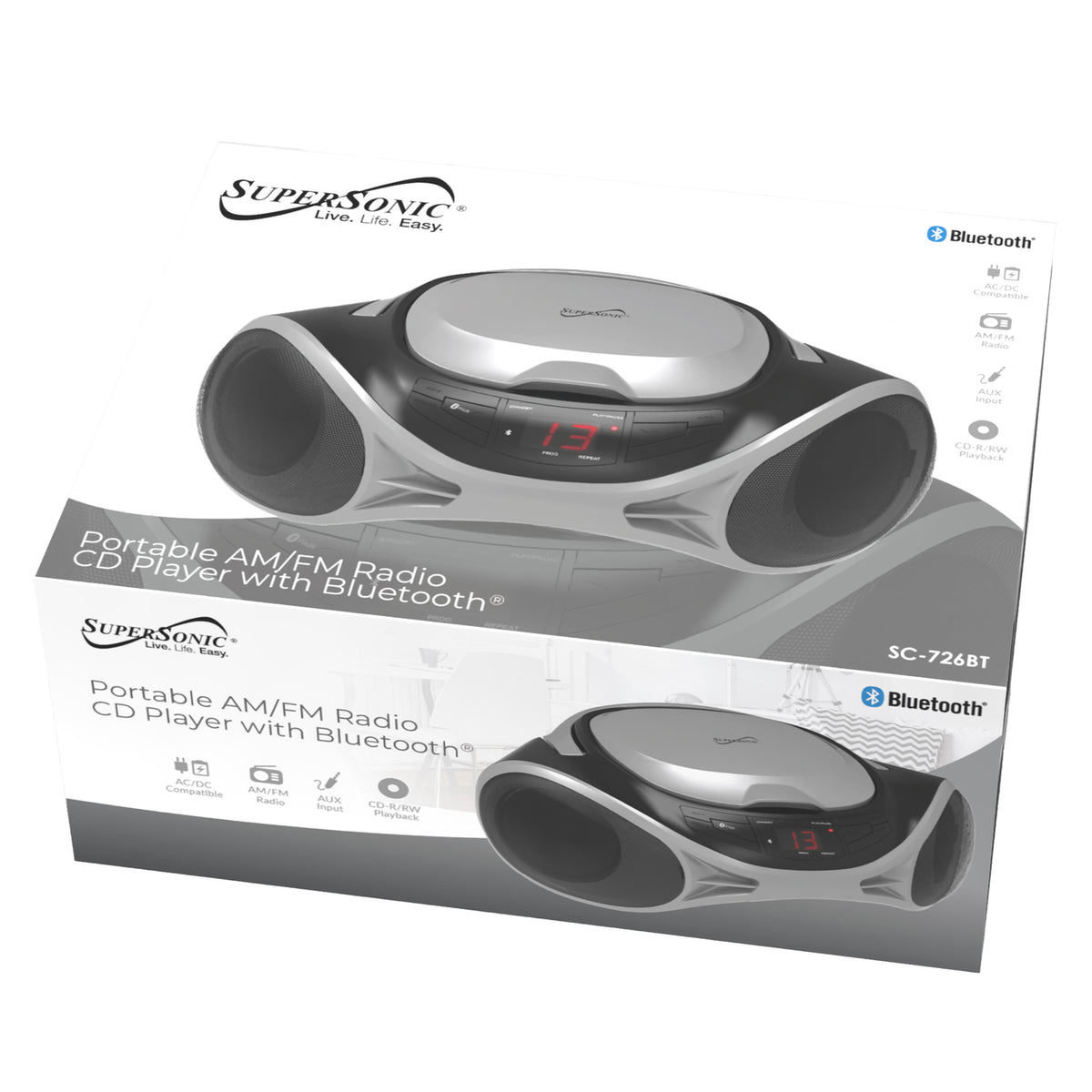 SUPERSONIC SC-726BT SLV Portable CD Boombox with Bluetooth, AM/FM Radio and Auxiliary Input