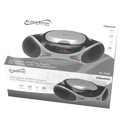 SUPERSONIC SC-726BT SLV Portable CD Boombox with Bluetooth, AM/FM Radio and Auxiliary Input