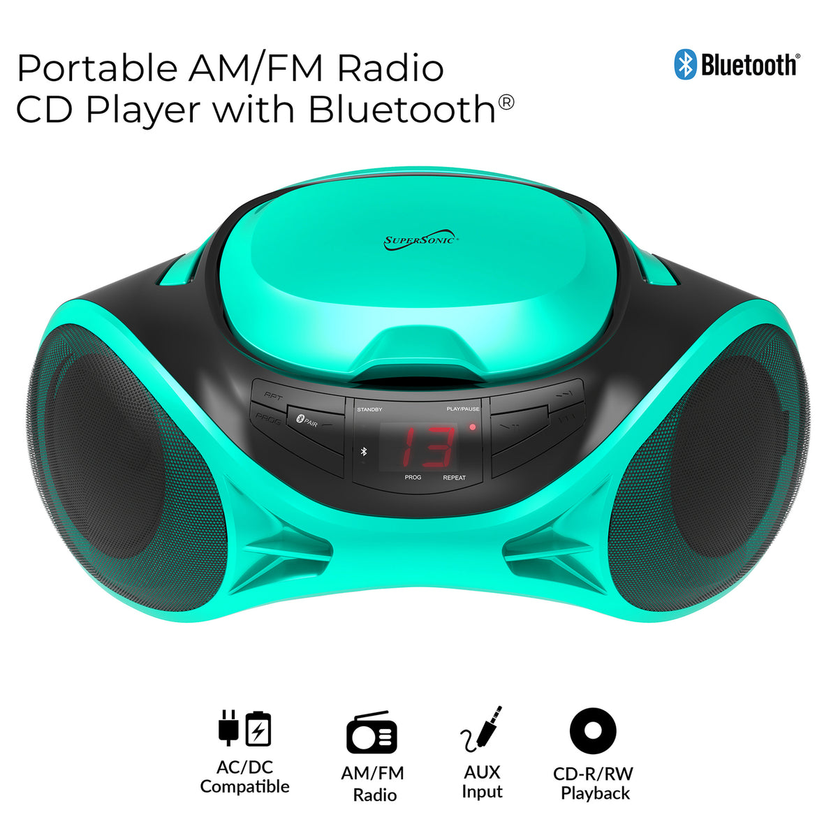 Supersonic SC-726BT Teal Portable CD Boombox with Bluetooth and AM/FM Radio