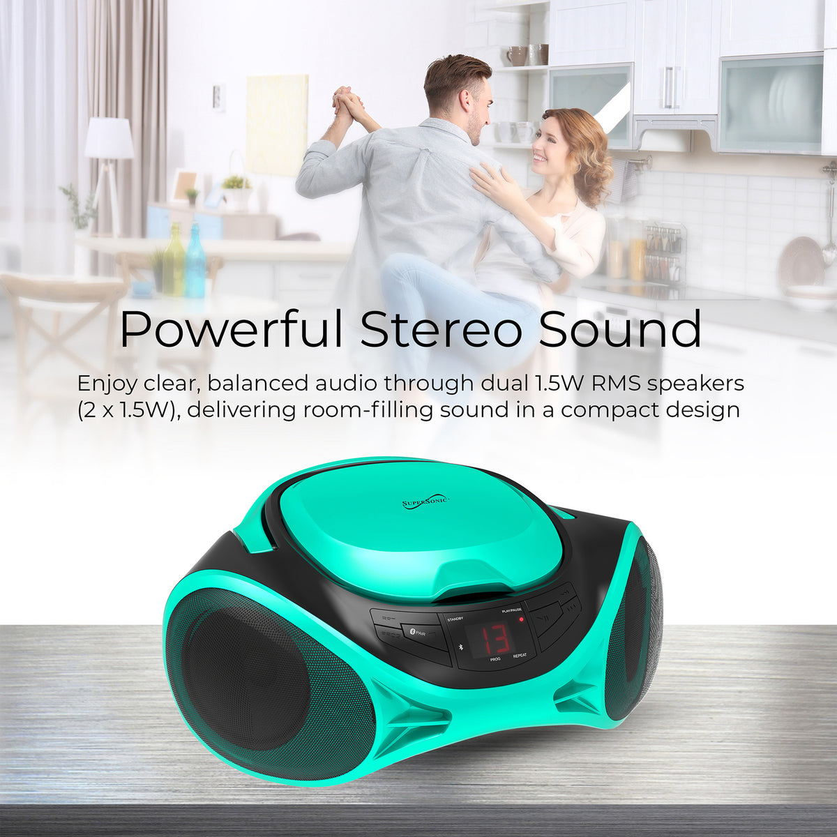 Supersonic SC-726BT Teal Portable CD Boombox with Bluetooth and AM/FM Radio