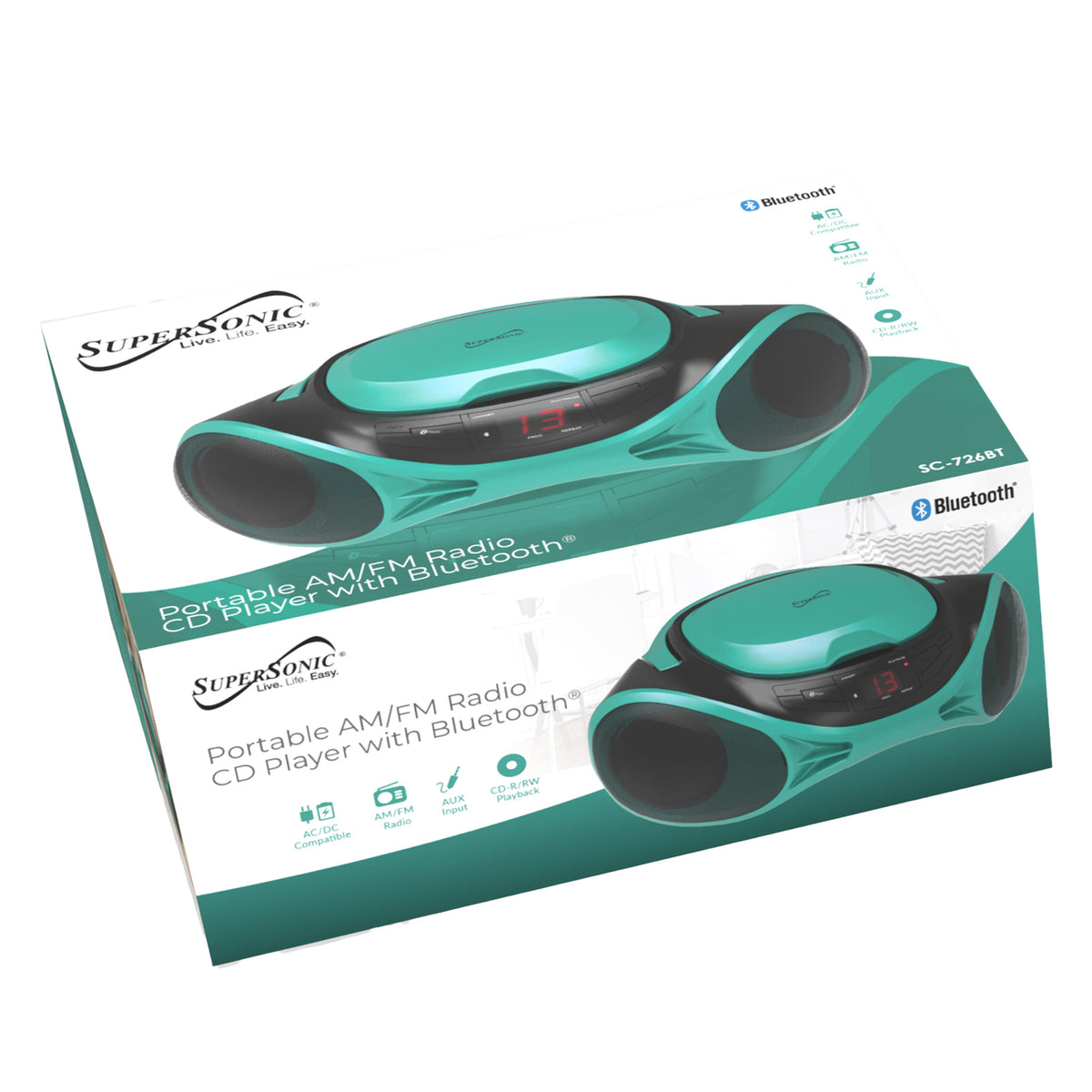 Supersonic SC-726BT Teal Portable CD Boombox with Bluetooth and AM/FM Radio