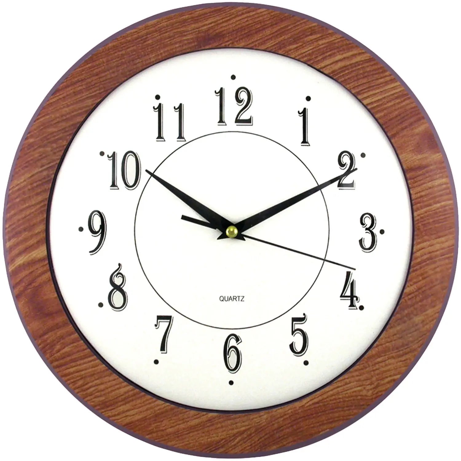 Timekeeper 12-Inch Wood Round Clock with Faux Wood Frame and Convex Glass Lens