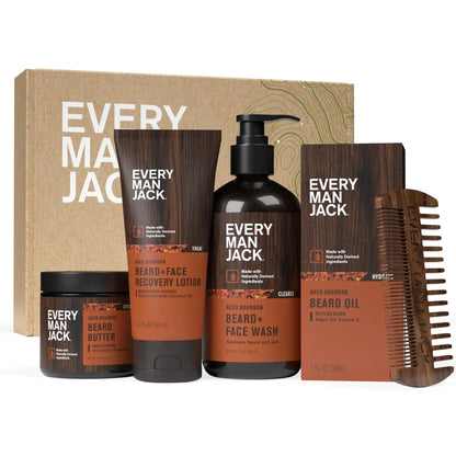 Every Man Jack Mens Aged Bourbon Beard Set - Five Full-Sized Grooming Essentials For a Complete Routine - Beard + Face Wash Beard + Face Lotion Hydrating Beard Oil Beard Butter and Beard Comb Atticus Goods