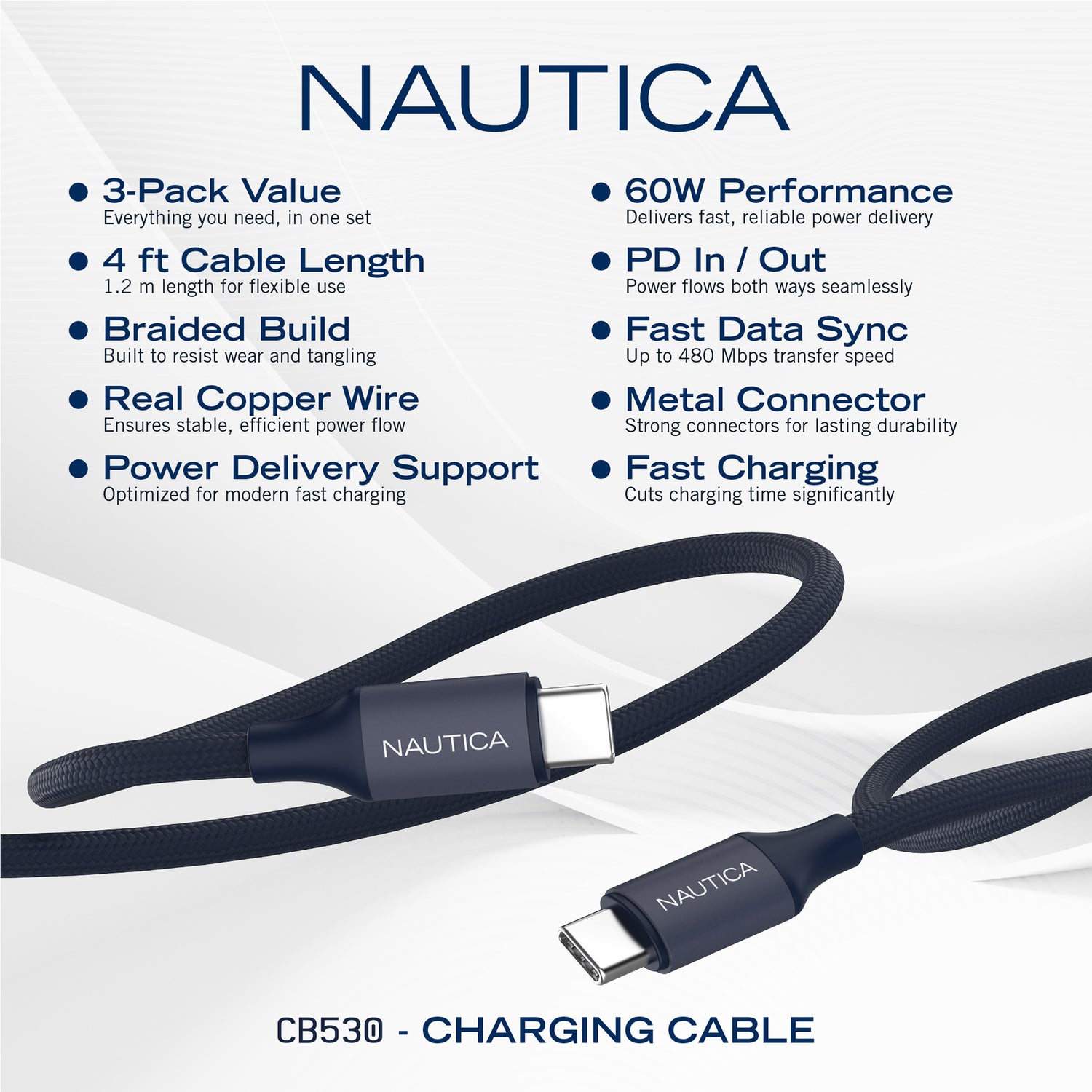 NAUTICA UCCCB17-01-04 4ft USB-C Charging and Data Cable - Navy 3-Pack