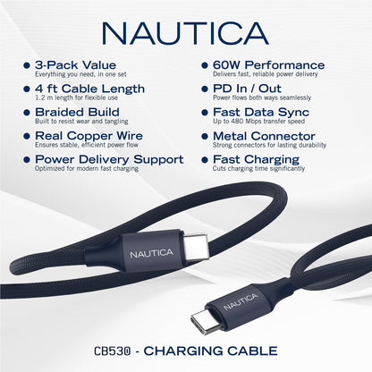 NAUTICA UCCCB17-01-04 4ft USB-C Charging and Data Cable - Navy 3-Pack