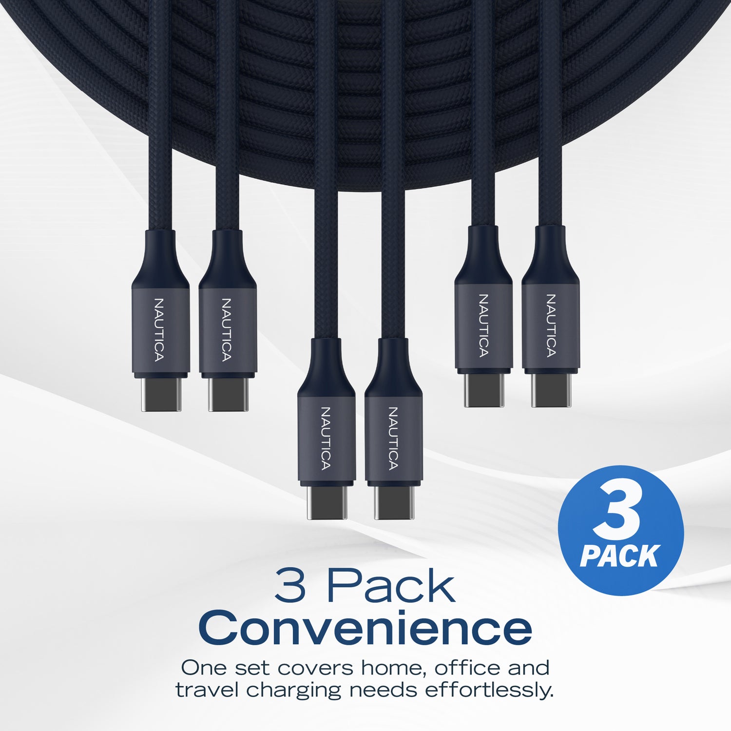 NAUTICA UCCCB17-01-04 4ft USB-C Charging and Data Cable - Navy 3-Pack