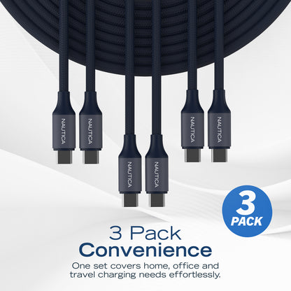 NAUTICA UCCCB17-01-04 4ft USB-C Charging and Data Cable - Navy 3-Pack