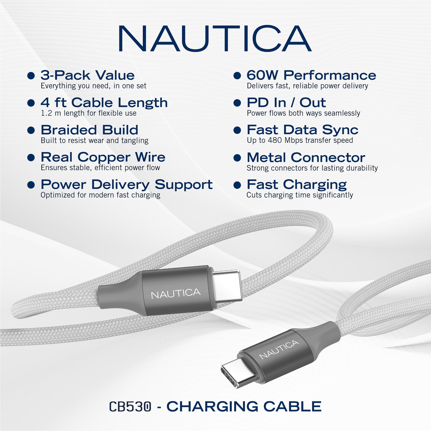 NAUTICA UCCCB17-02-04 4-Foot White USB-C Charging and Data Cable - Pack of 3
