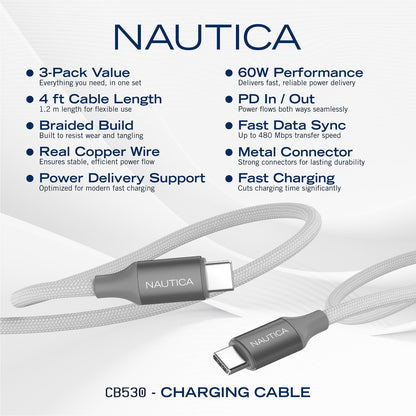 NAUTICA UCCCB17-02-04 4-Foot White USB-C Charging and Data Cable - Pack of 3