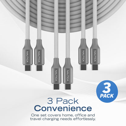 NAUTICA UCCCB17-02-04 4-Foot White USB-C Charging and Data Cable - Pack of 3