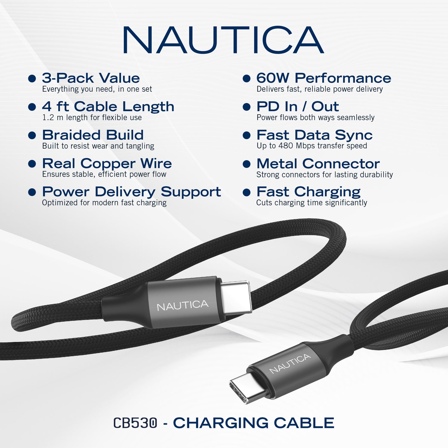 NAUTICA UCCCB17-03-04 4ft Black USB-C Charging and Data Cable (3-Pack)