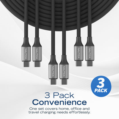 NAUTICA UCCCB17-03-04 4ft Black USB-C Charging and Data Cable (3-Pack)