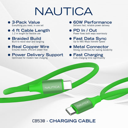 NAUTICA UCCCB17-05-04 3-Pack 4ft Green USB-C Charging and Data Cable
