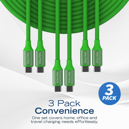 NAUTICA UCCCB17-05-04 3-Pack 4ft Green USB-C Charging and Data Cable
