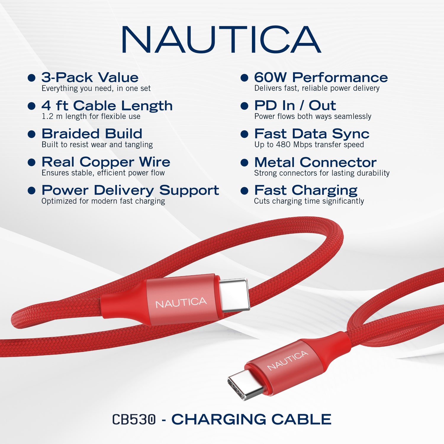 NAUTICA UCCCB17-06-04 4ft Red USB-C Charging and Data Cable (3-Pack)