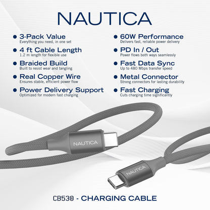 Nautica UCCCB17-08-04 4ft Gray USB-C Charging and Data Cable - Pack of 3