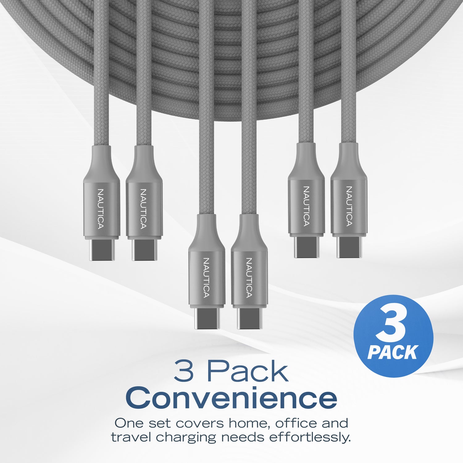 Nautica UCCCB17-08-04 4ft Gray USB-C Charging and Data Cable - Pack of 3