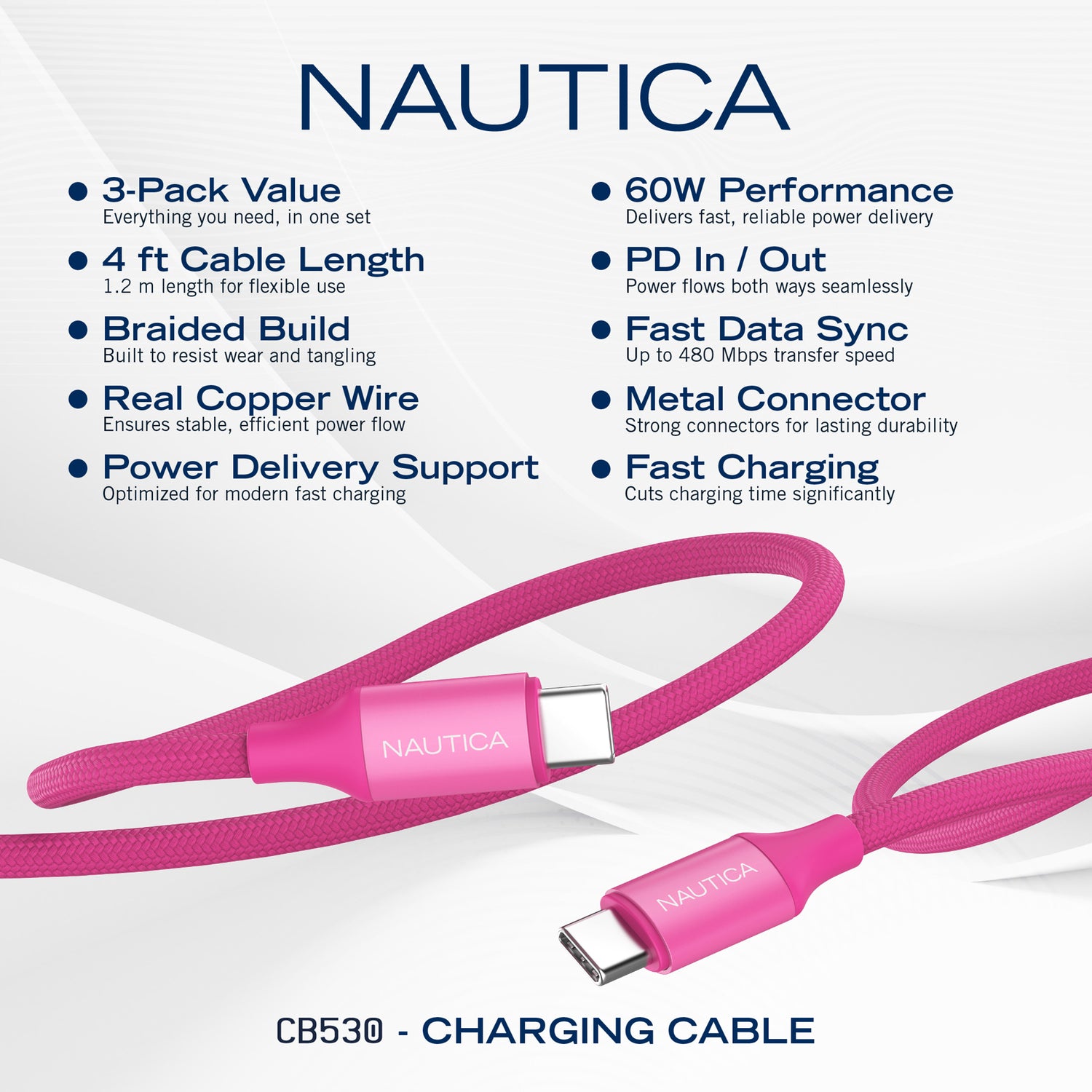 Nautica UCCCB17-09-04 4-Foot Pink USB-C Charging and Data Cable – 3-Pack