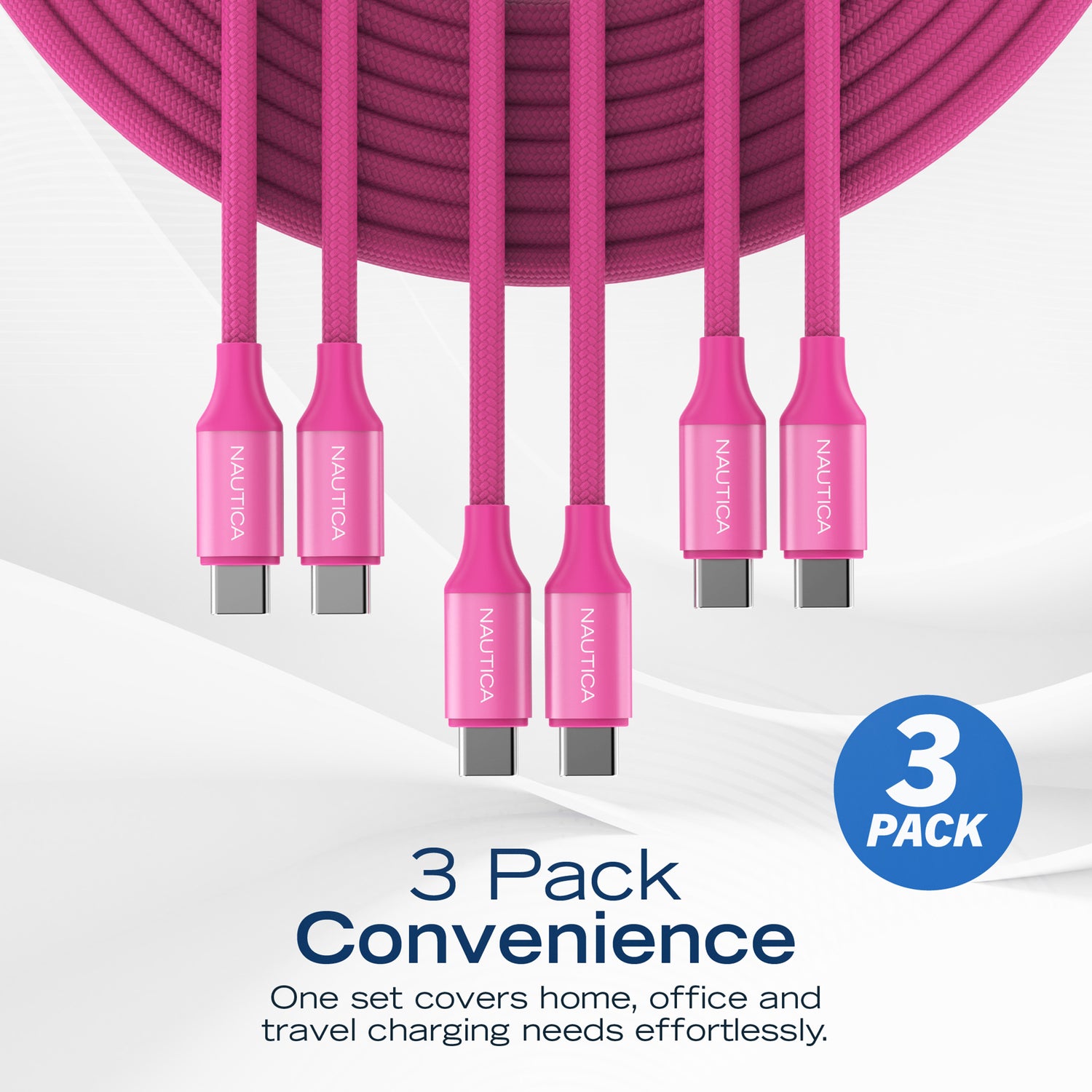Nautica UCCCB17-09-04 4-Foot Pink USB-C Charging and Data Cable – 3-Pack