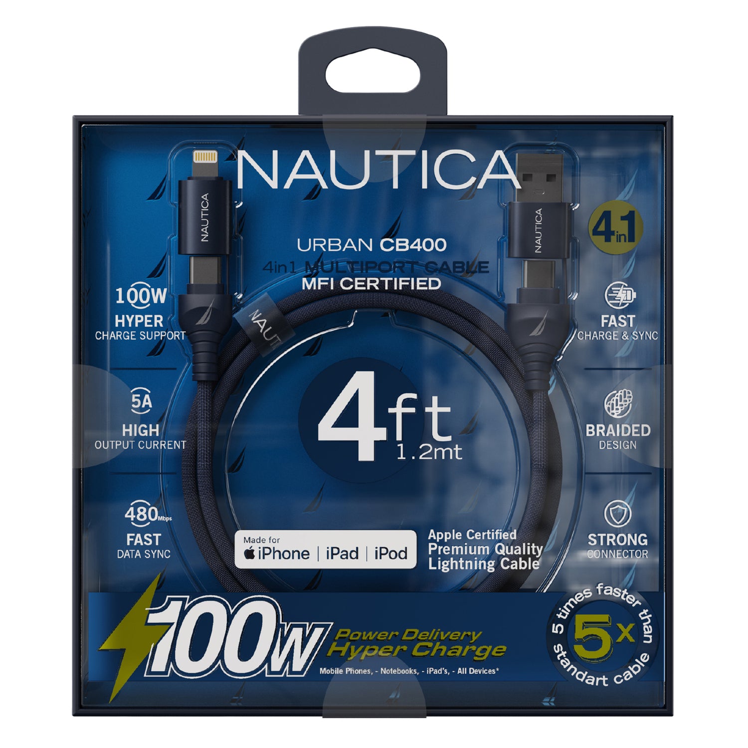 Nautica 4FT 4-in-1 Urban Navy Charging Cable (Part #UCCCB04-01-04)