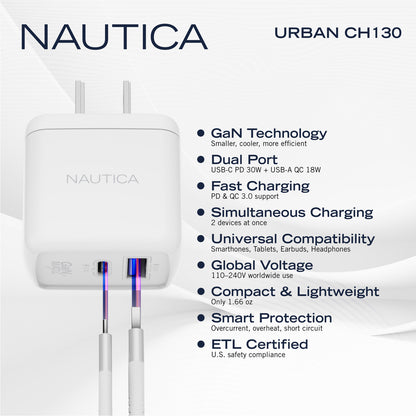 NAUTICA 30W USB-C Power Delivery and USB-A Quick-Charge 3.0 Wall Charger (Part Number UCCCH03-02)