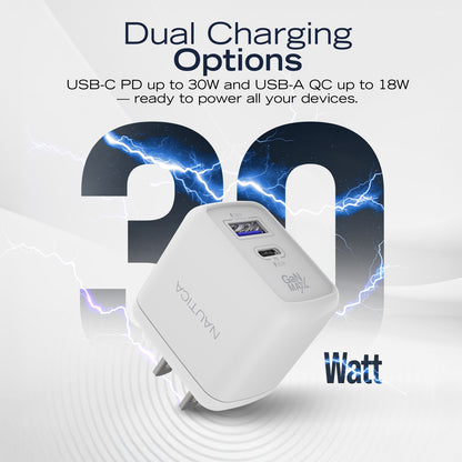 NAUTICA 30W USB-C Power Delivery and USB-A Quick-Charge 3.0 Wall Charger (Part Number UCCCH03-02)