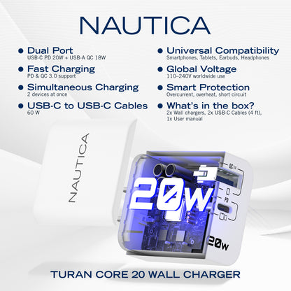 NAUTICA Turan Core 20 Charging Bundle with Dual USB-C Wall Chargers and Cables