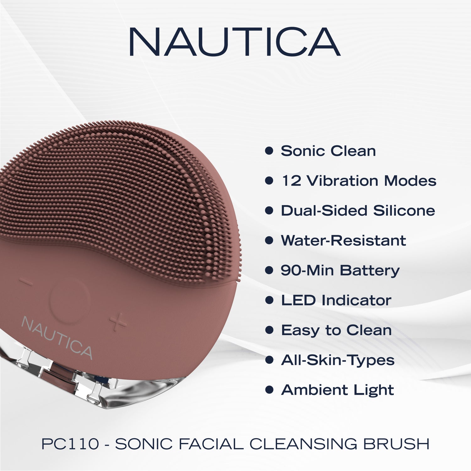 NAUTICA UCCPC01-29 Sonic Facial Cleansing Brush – Dual-Sided, Waterproof, Rechargeable, with Ambient Night Blue Light