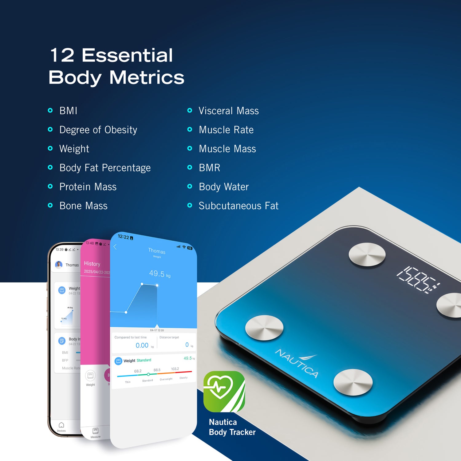 Nautica UCCSC01-12 Smart Body Scale with Bluetooth Connectivity and 12 Key Health Metrics