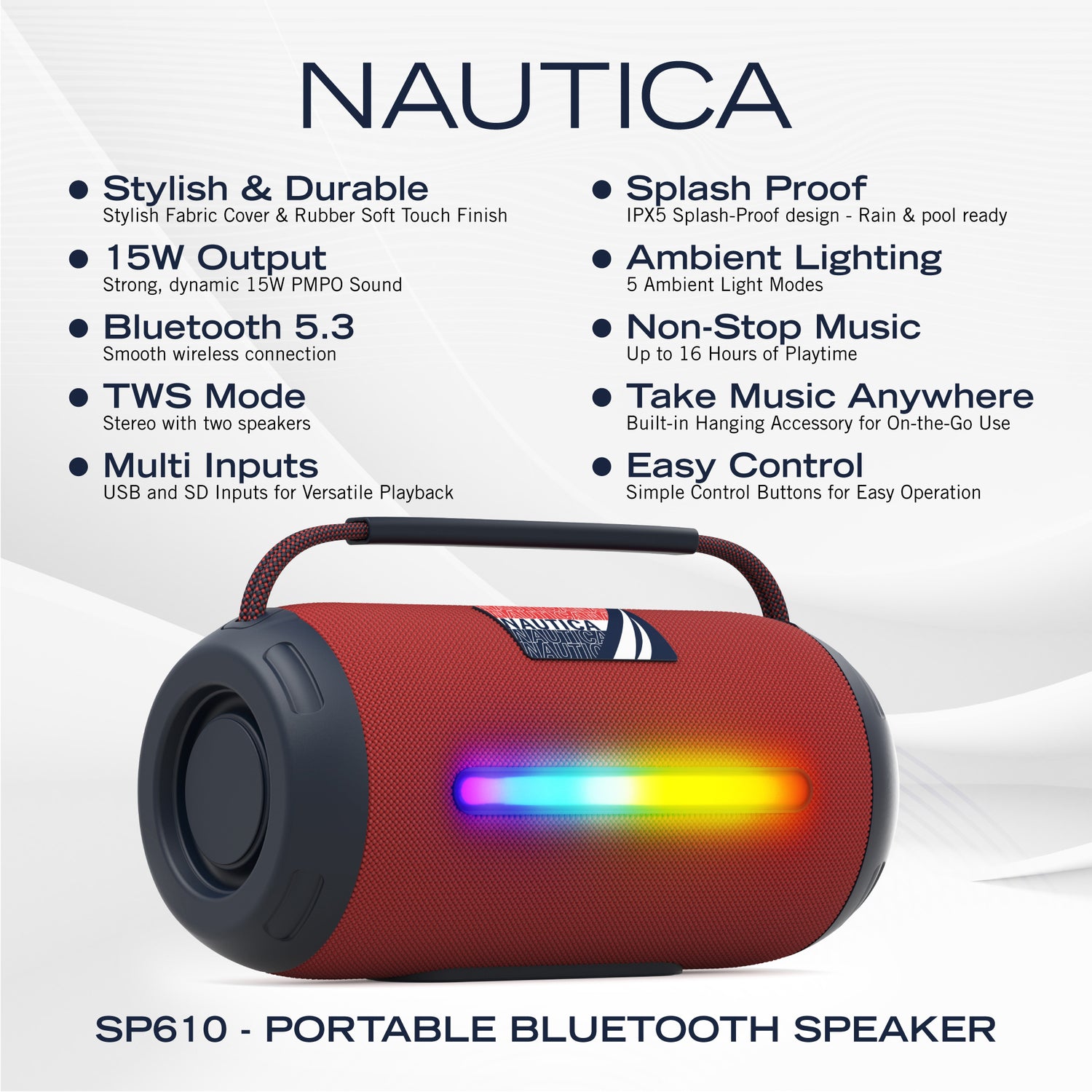 Nautica SP610 WRLS Urban NVR Bluetooth Portable Speaker with 15W Power and Ambient Light Modes