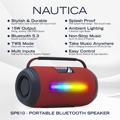 Nautica SP610 WRLS Urban NVR Bluetooth Portable Speaker with 15W Power and Ambient Light Modes