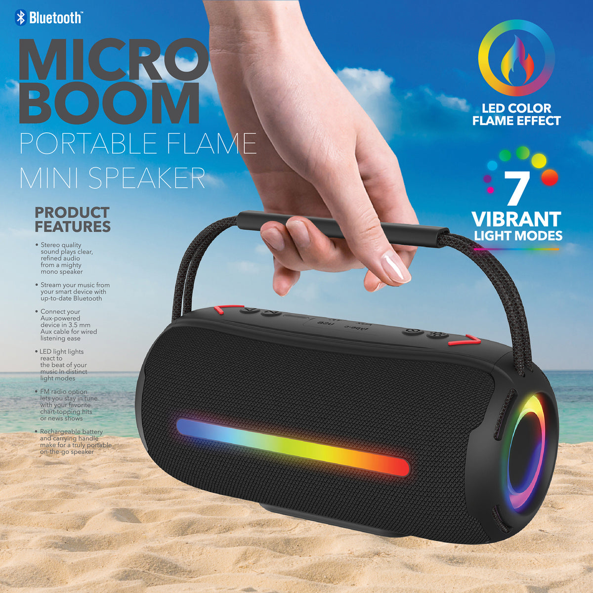 RCA FLEX-3BLACK Portable Bluetooth Mini Speaker with RGB Flame-Effect Lighting, Black