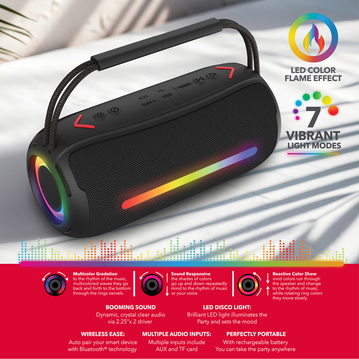 RCA FLEX-3BLACK Portable Bluetooth Mini Speaker with RGB Flame-Effect Lighting, Black