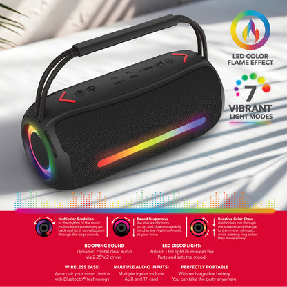 RCA FLEX-3BLACK Portable Bluetooth Mini Speaker with RGB Flame-Effect Lighting, Black
