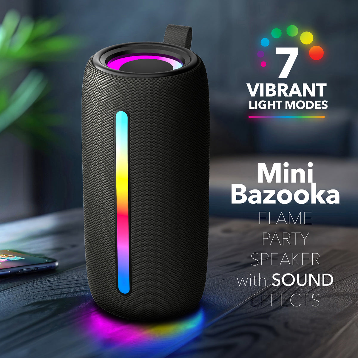 RCA FLEX-4 BLACK Mini Bazooka Party Speaker with Bluetooth 5.1 and Flame-Effect Lighting