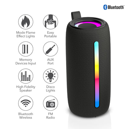 RCA FLEX-4 BLACK Mini Bazooka Party Speaker with Bluetooth 5.1 and Flame-Effect Lighting