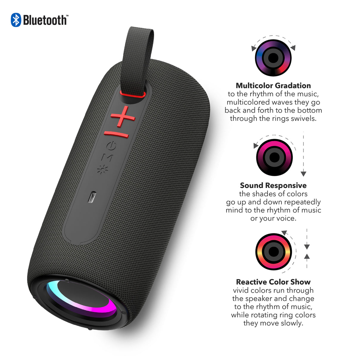 RCA FLEX-4 BLACK Mini Bazooka Party Speaker with Bluetooth 5.1 and Flame-Effect Lighting