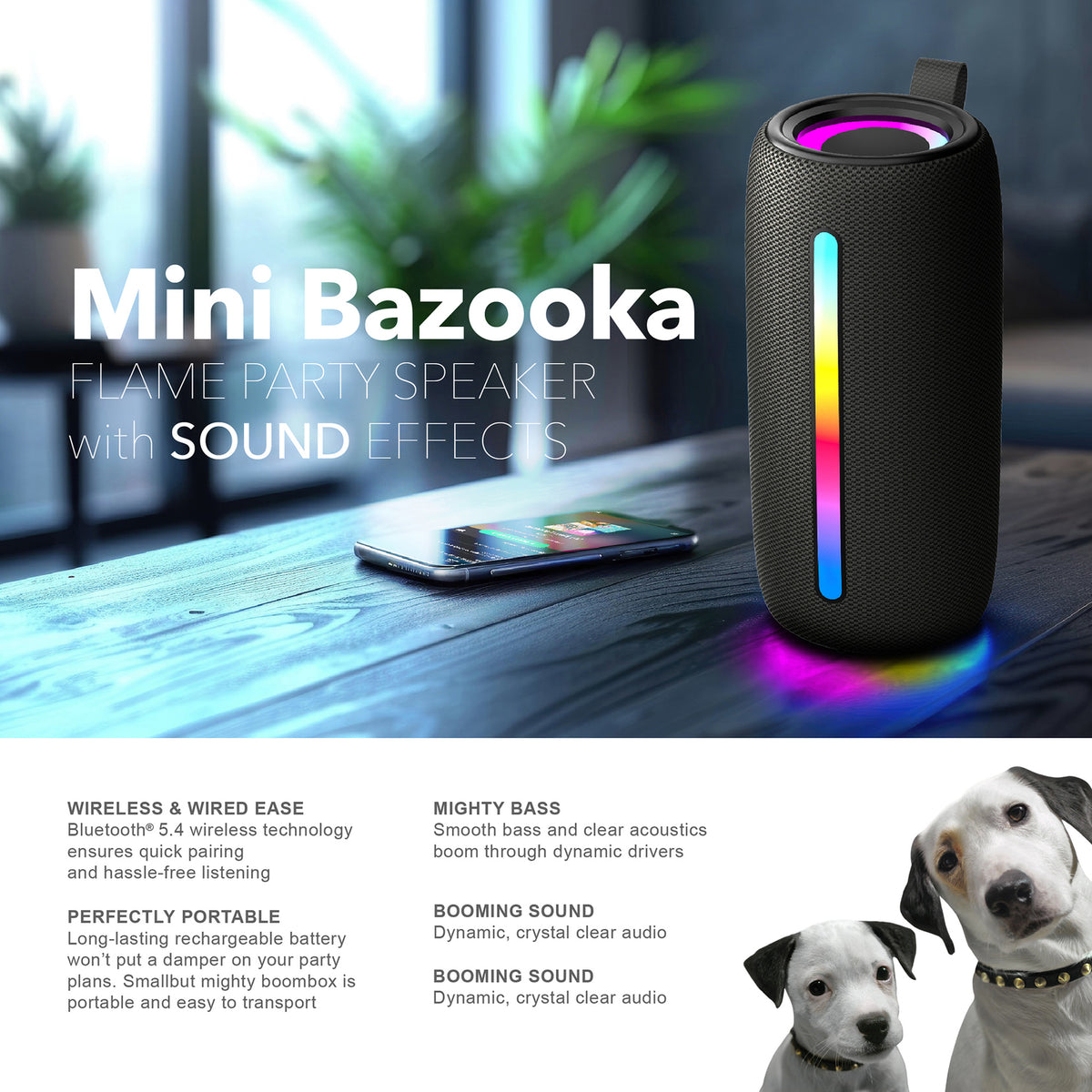 RCA FLEX-4 BLACK Mini Bazooka Party Speaker with Bluetooth 5.1 and Flame-Effect Lighting