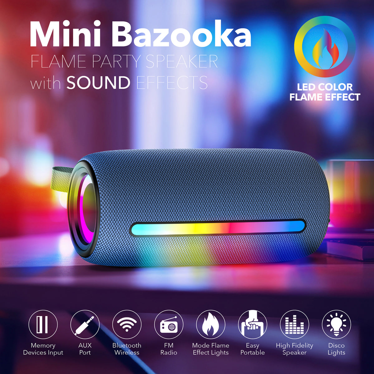 RCA FLEX-4 NAVY Mini Bazooka-Style Bluetooth Party Speaker with Flame-Effect LEDs