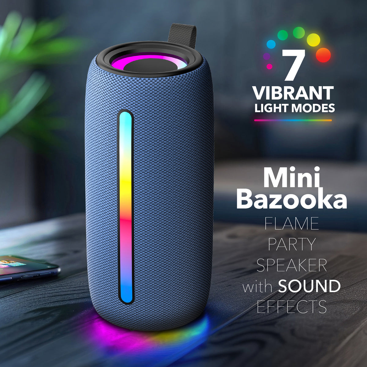 RCA FLEX-4 NAVY Mini Bazooka-Style Bluetooth Party Speaker with Flame-Effect LEDs