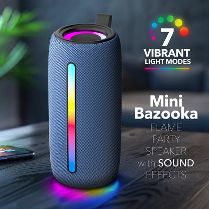RCA FLEX-4 NAVY Mini Bazooka-Style Bluetooth Party Speaker with Flame-Effect LEDs
